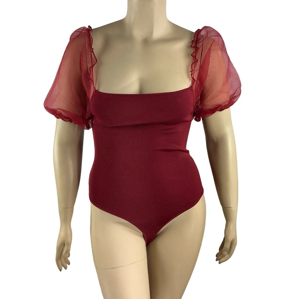ASTR The Label Darling Mesh Sleeve Bodysuit Wine L